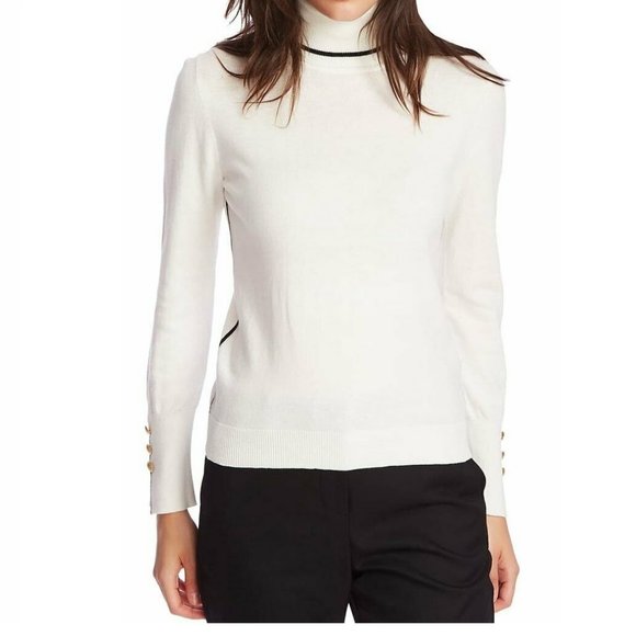 Court & Rowe Women Button Cuff Tipped Turtleneck Sweater | Size - XXS | White - Picture 1 of 2